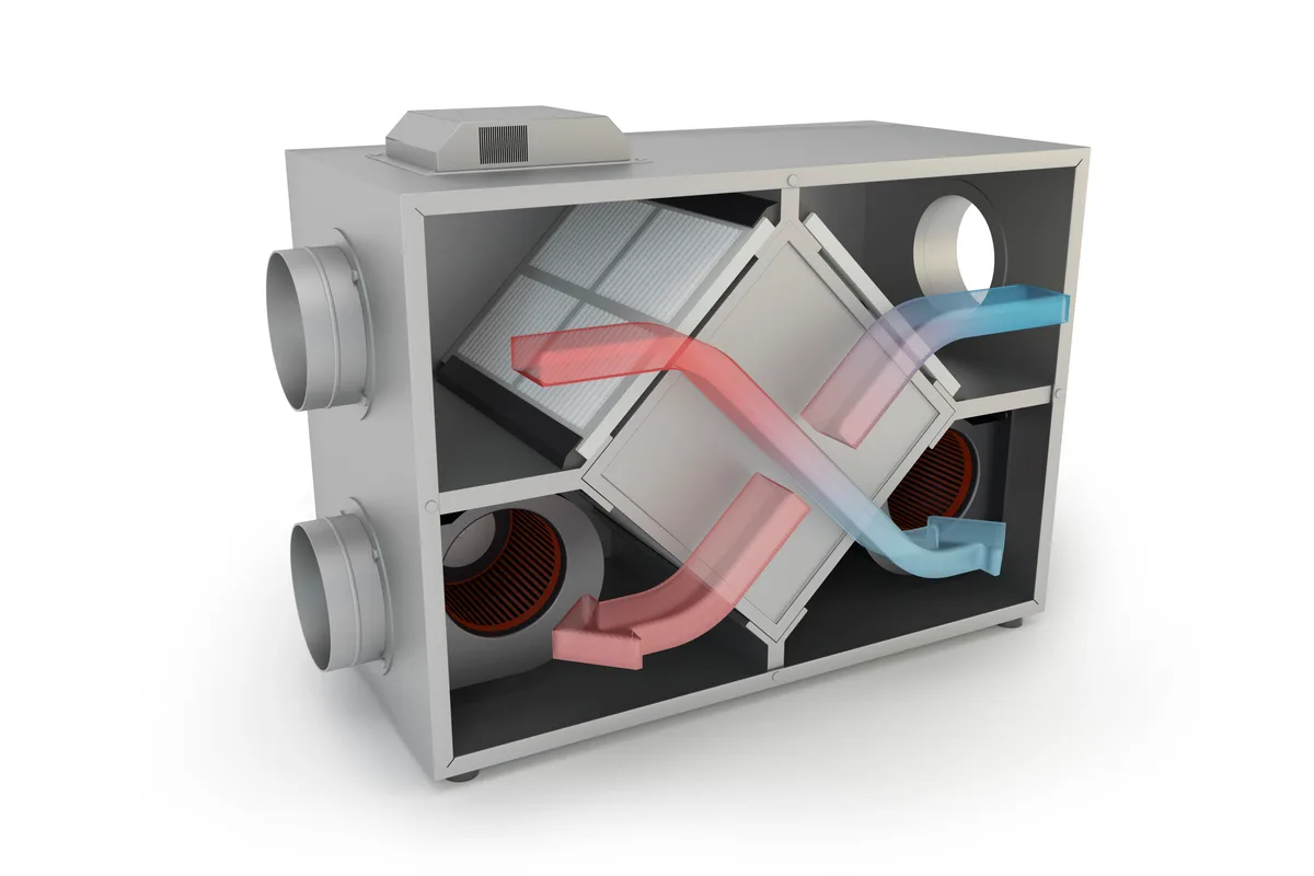 Heat recovery ventilator mounted in a residential basement with insulated ventilation ducts