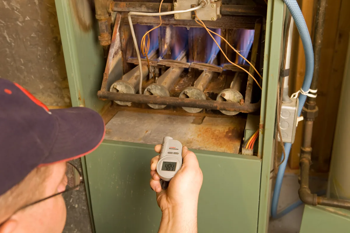 Repairman checking gas furnace output temperature with an infrared thermometer
