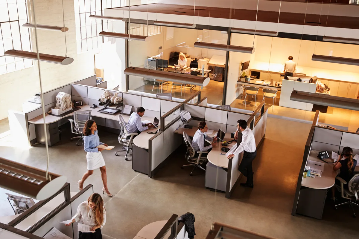 Elevated view of a busy open-plan office